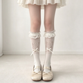 Black and White Mesh Patterned Ruffled Lace Bow Calf High Sweet Lolita Socks