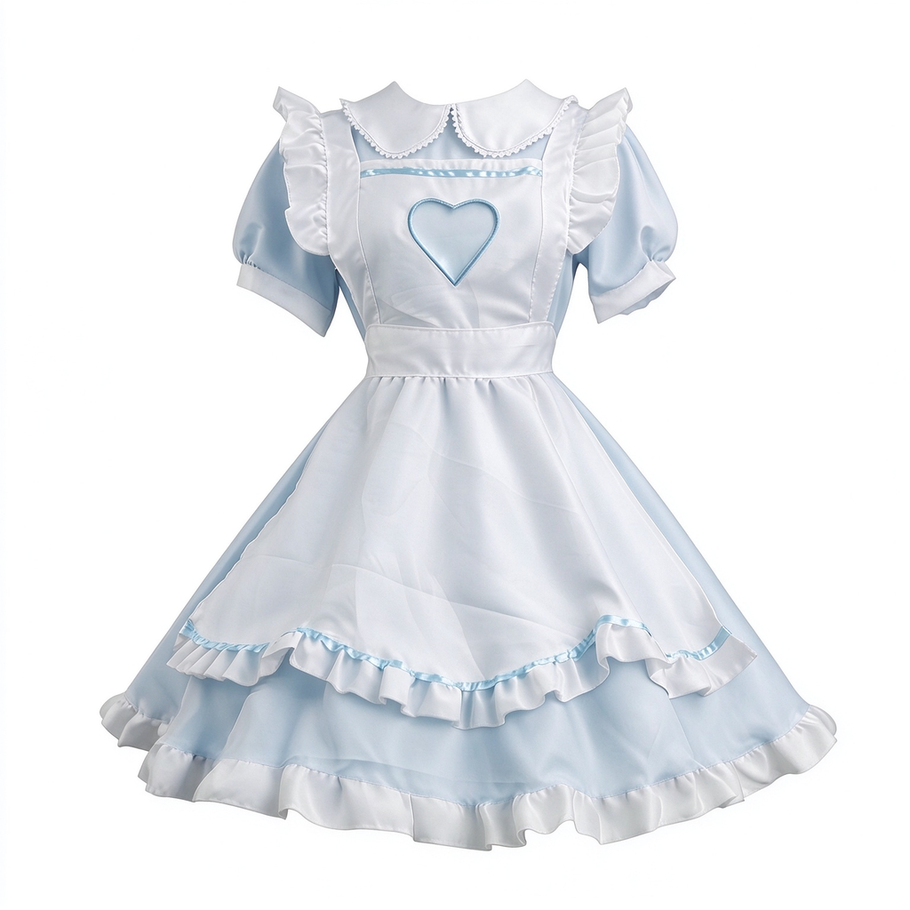 Blue and White Lace Maid Lolita Jumper Dress with Heart Apron