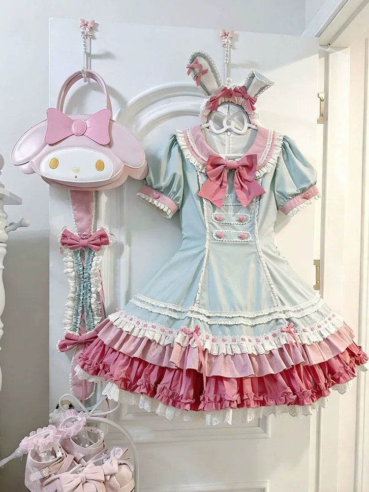 Mint Green and Pink Ruffled Maid Lolita Dress with Apron Bow Accent