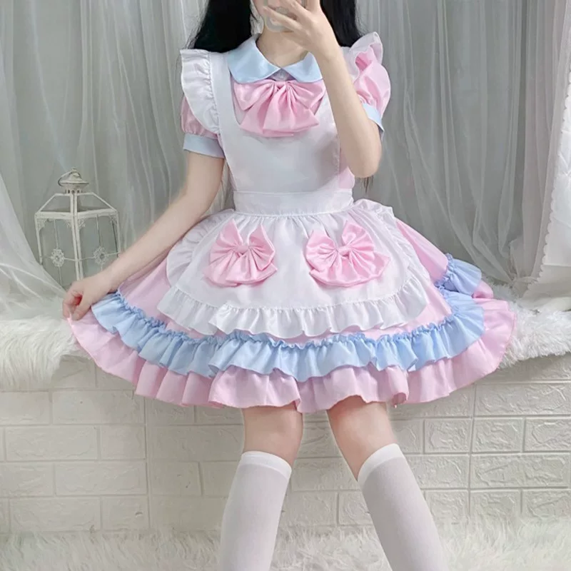 Sweet Maid Lolita Short Sleeve OP Dress Set with Tiered Ruffle Skirt and Apron Bow Accents