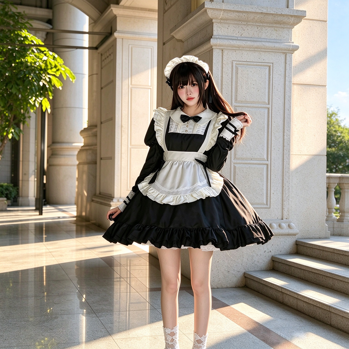 Classic Maid Lolita Long Short Sleeve OP Dress Set with Scalloped Pointed Apron