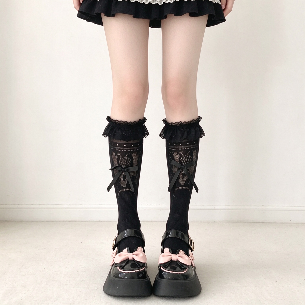 Black and White Mesh Patterned Ruffled Lace Bow Calf High Sweet Lolita Socks
