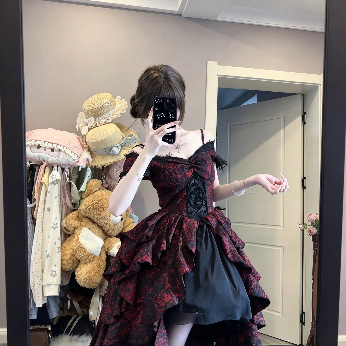 Gothic Lolita Off-Shoulder OP Dress Set with Jacquard Brocade Fabric and Tiered High-Low Skirt