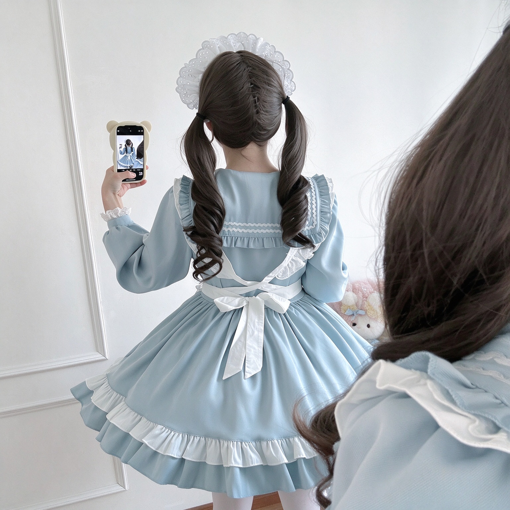 Sweet Maid Lolita Long Sleeve OP Dress Set with Sailor Collar and Heart Pocket Apron