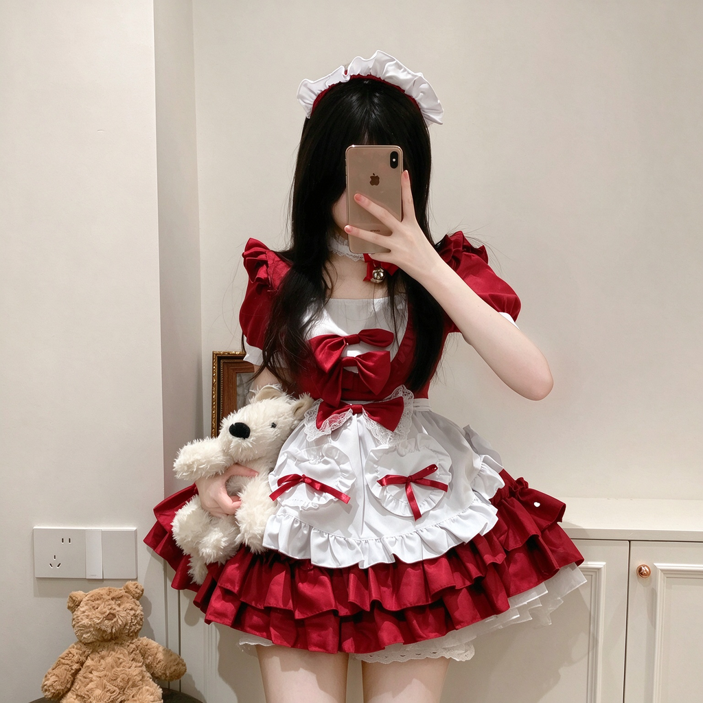Red and White Ruffled Maid Lolita Dress with Apron Bow Accent