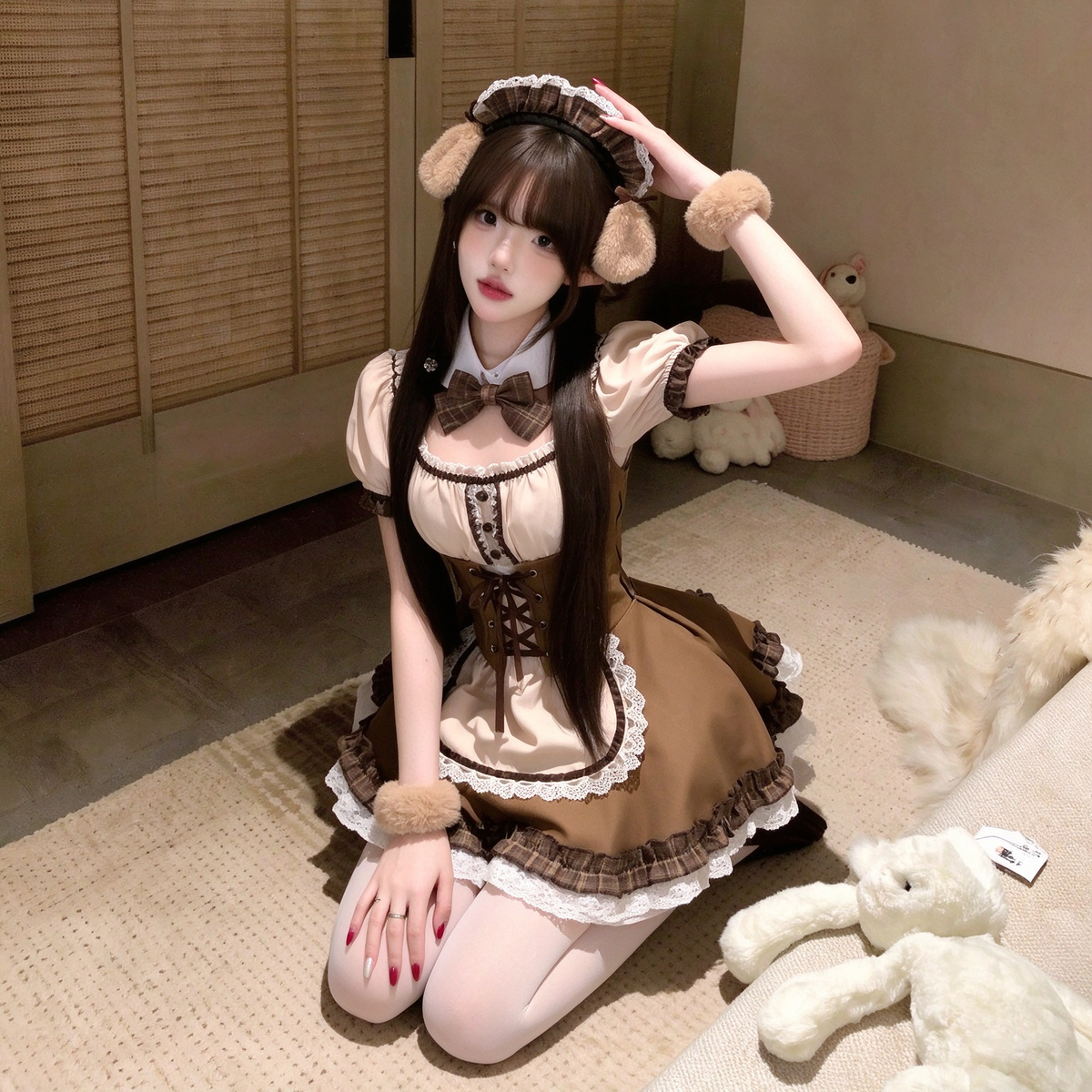 Classic Maid Lolita Short Sleeve OP Dress with Corset Lace-Up Waist and Mini Apron Accent