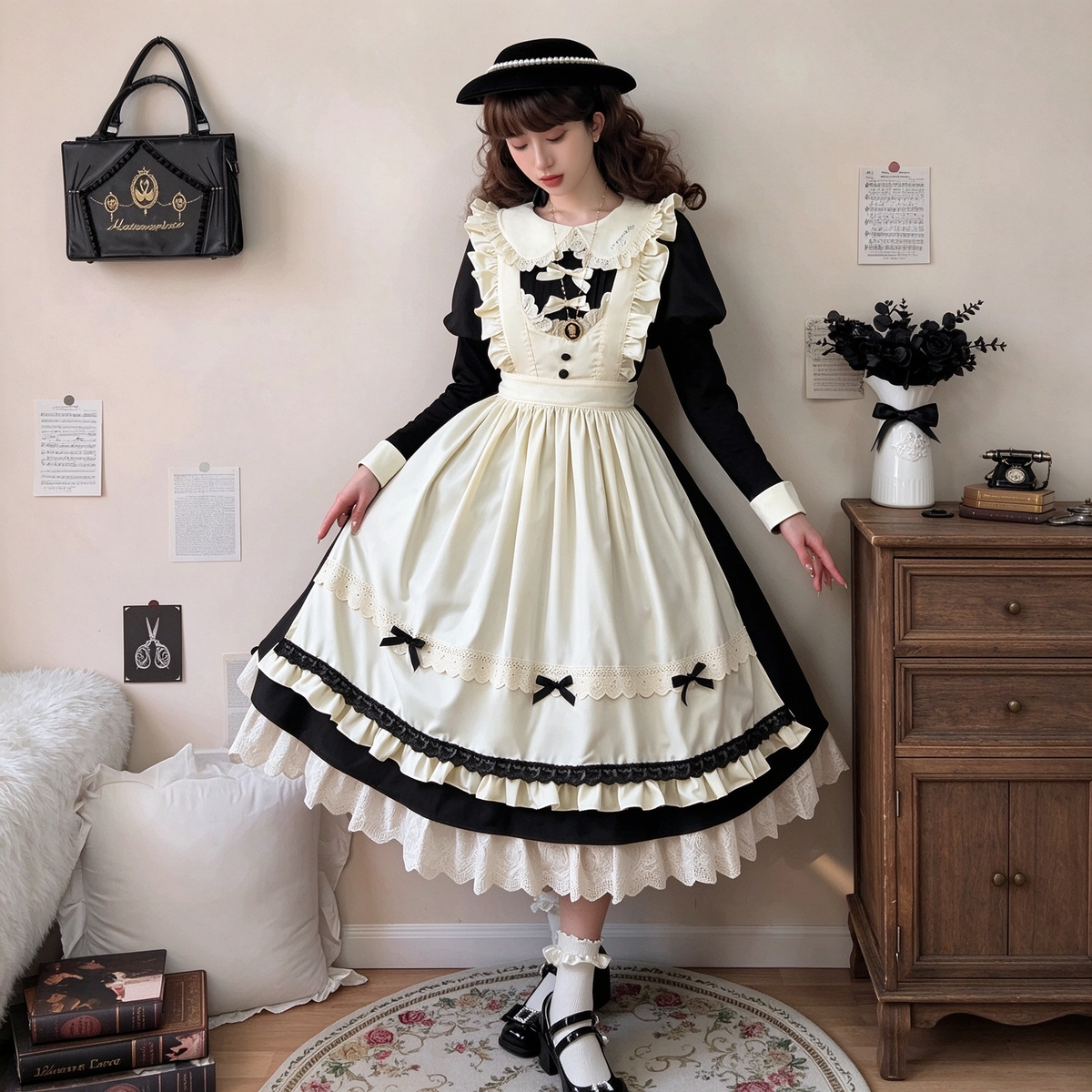 Sweet Maid Lolita Dress Set with Ruffled Apron Bodice and Tiered Lace Hem