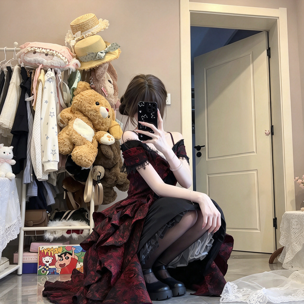 Gothic Lolita Off-Shoulder OP Dress Set with Jacquard Brocade Fabric and Tiered High-Low Skirt