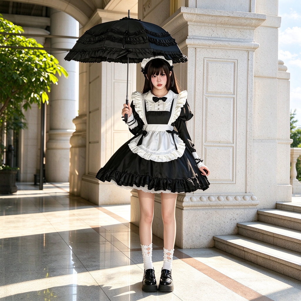 Classic Maid Lolita Long Short Sleeve OP Dress Set with Scalloped Pointed Apron