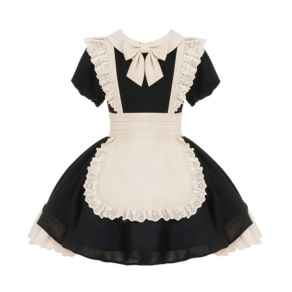 Sweet Maid Lolita Short Sleeve OP Dress Set with Eyelet Lace Apron and Collar Bow