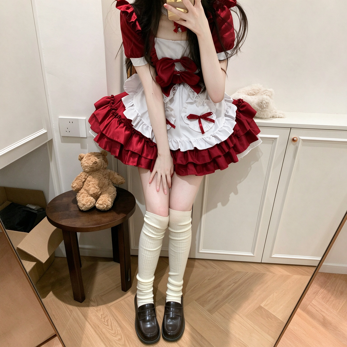 Red and White Ruffled Maid Lolita Dress with Apron Bow Accent