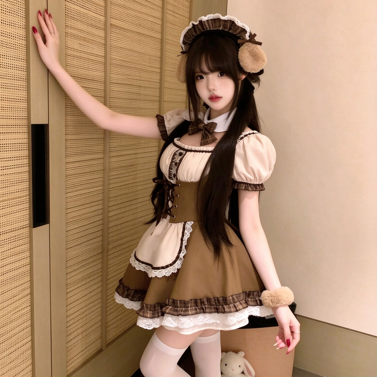 Classic Maid Lolita Short Sleeve OP Dress with Corset Lace-Up Waist and Mini Apron Accent