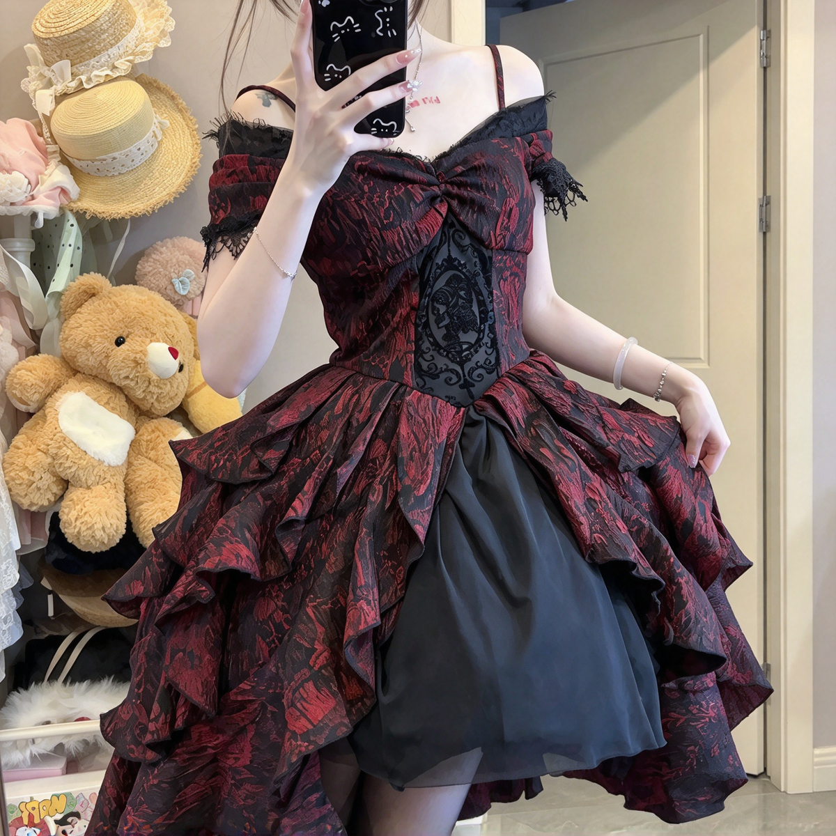 Gothic Lolita Off-Shoulder OP Dress Set with Jacquard Brocade Fabric and Tiered High-Low Skirt