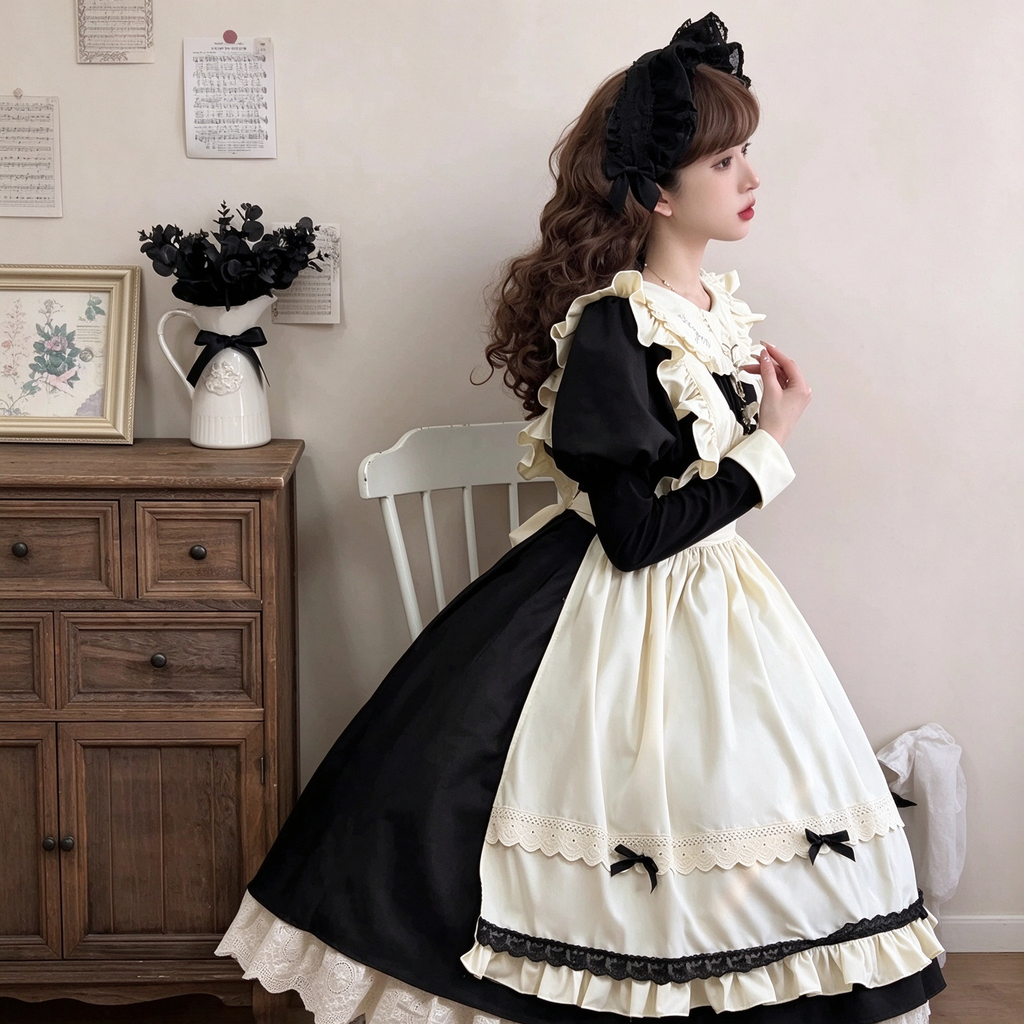 Sweet Maid Lolita Dress Set with Ruffled Apron Bodice and Tiered Lace Hem