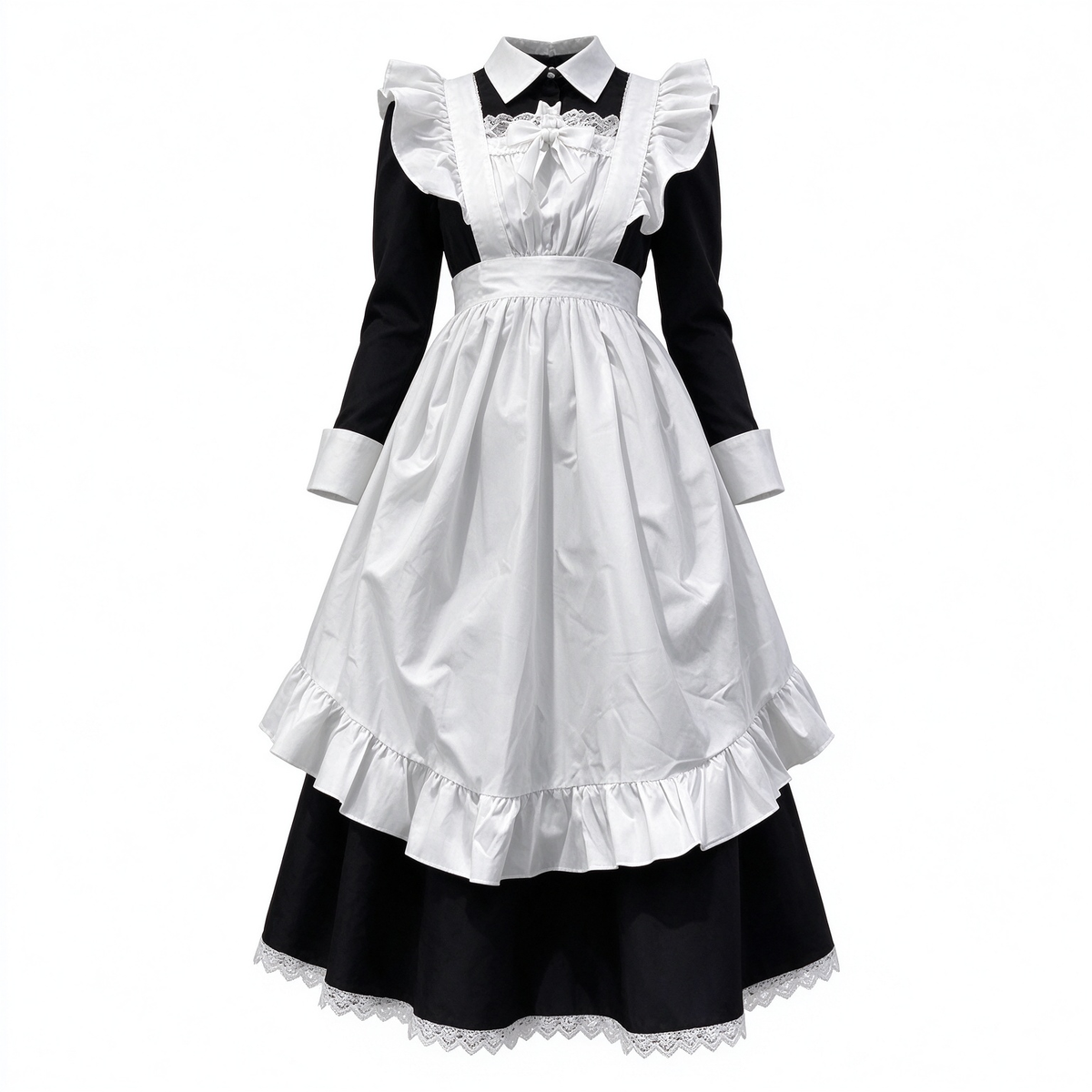 Classic Long Maid Lolita Dress Set with Pointed Collar and Ruffled Strap Apron