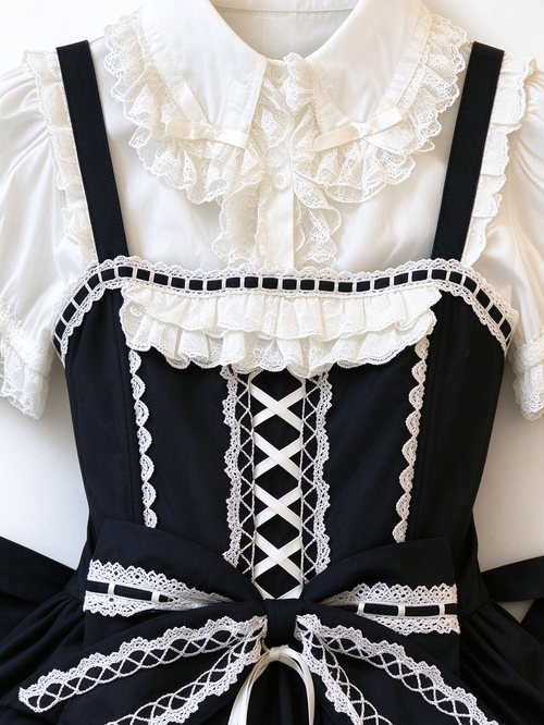 Black White Lace Tiered Lolita Jumper Dress with Blouse