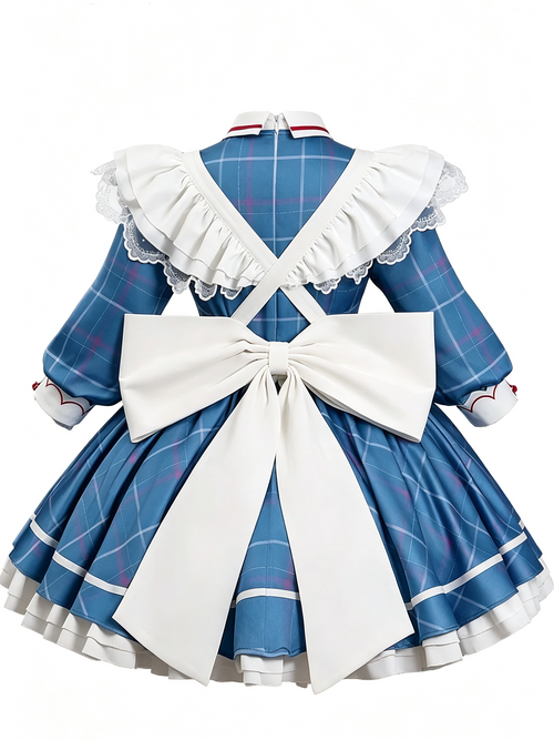 Blue Plaid Lolita Dress with White Apron Long Sleeve Sweet Outfit