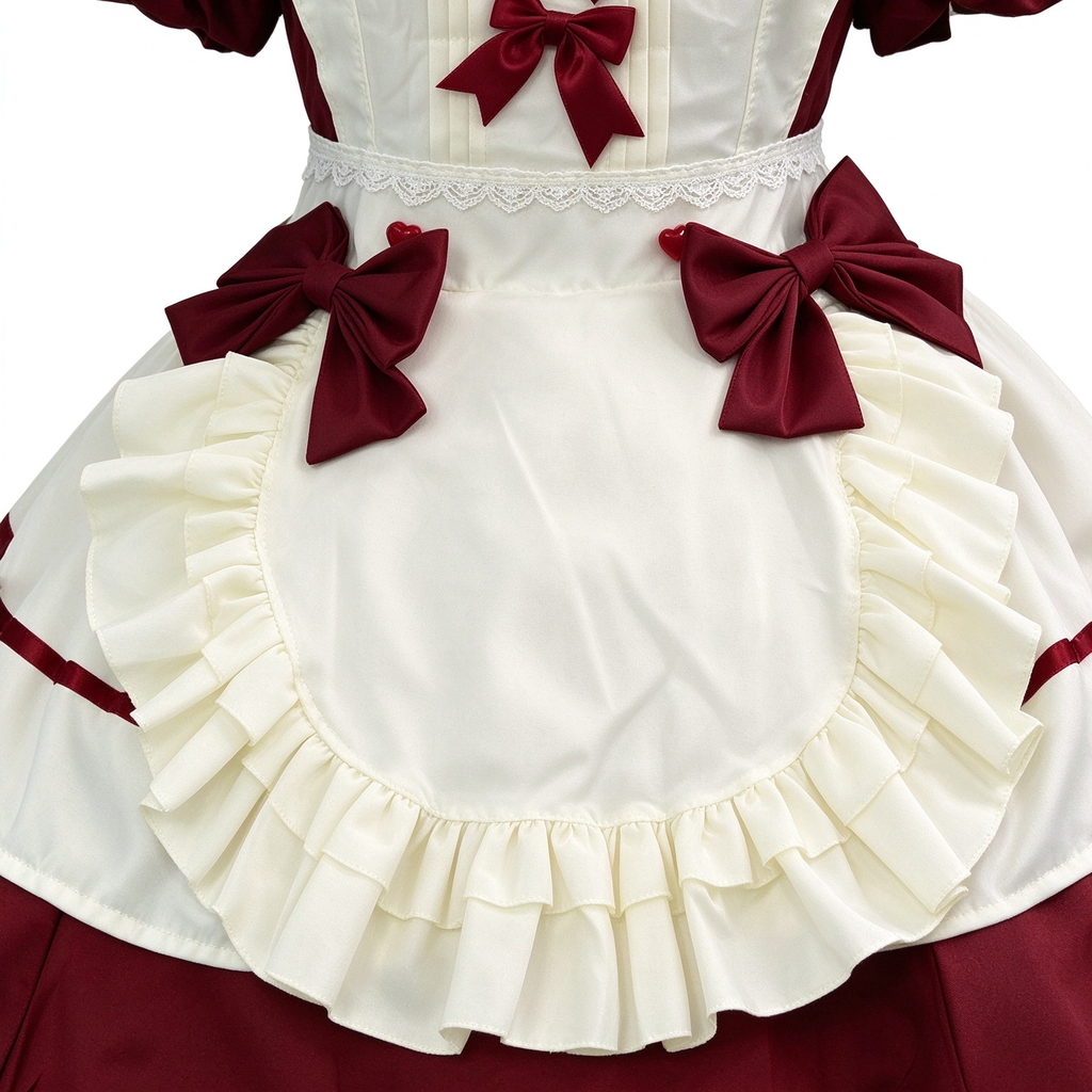 Burgundy and White Lace Gothic Maid Lolita Dress Set with Bell Bows