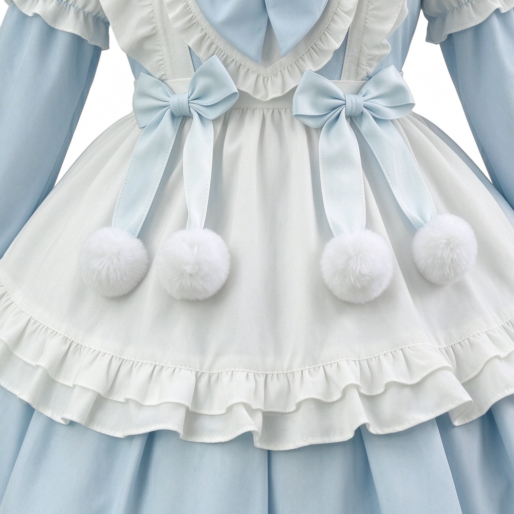 Sweet Maid Lolita OP Dress Set with Detachable Sleeves and Plush Pom-Pom Ribbon Apron