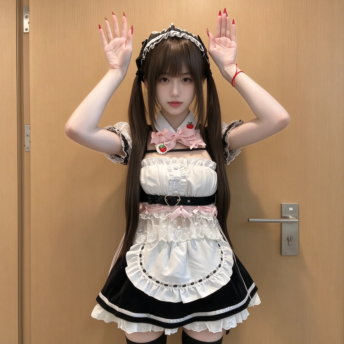 Black and White Ruffled Maid Lolita Dress with Pink Apron Bow Accent