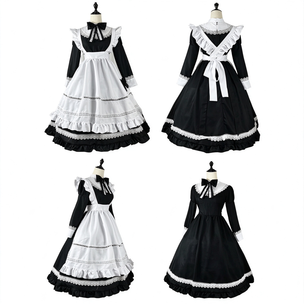 Classic Maid Lolita Long Sleeve OP Dress Set with Ruffled Shoulder Strap Apron
