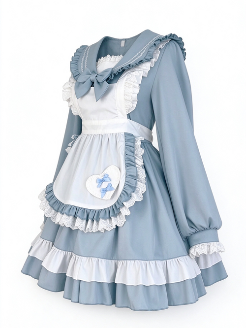 Blue Lolita Dress with Apron Ruffled Lace Outfit