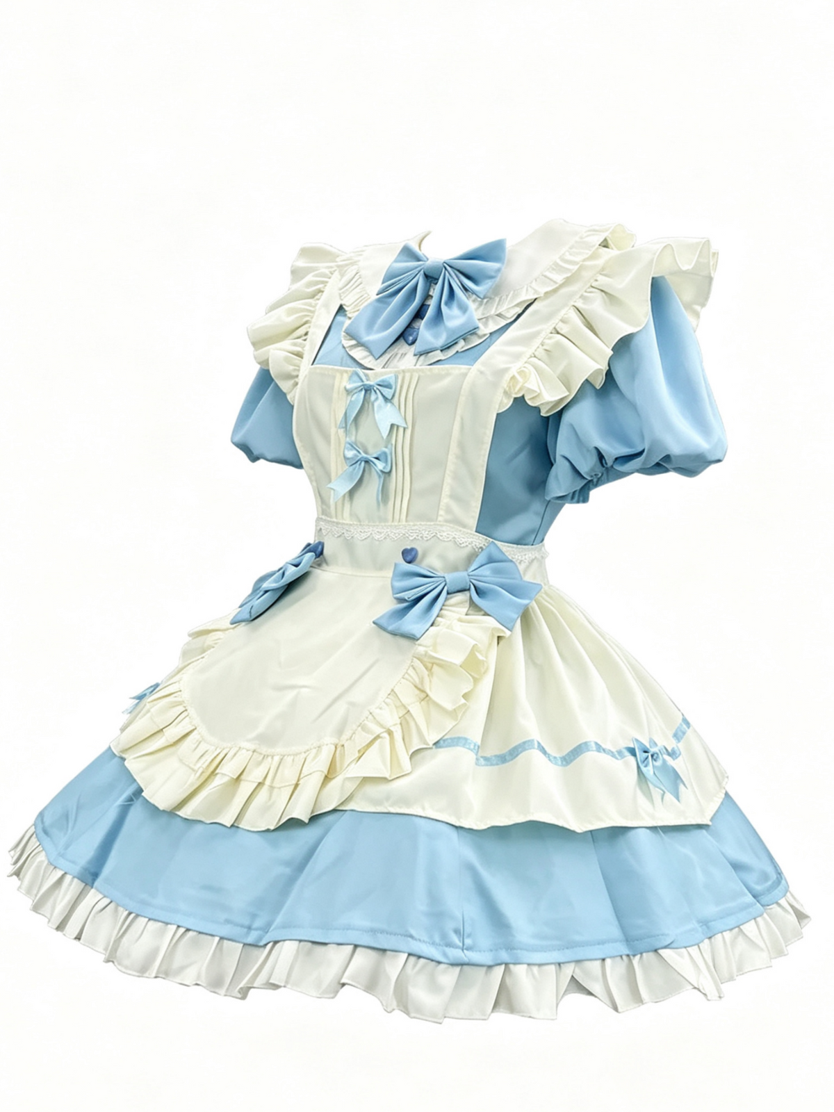 Blue and White Ruffled Lolita Dress with Apron Bow Accent
