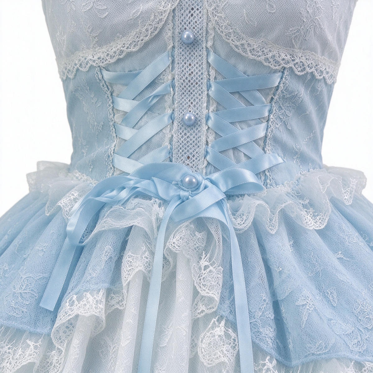 Sweet Lolita JSK Dress with Lace Overlay Peplum and Ribbon Lace-Up Bodice