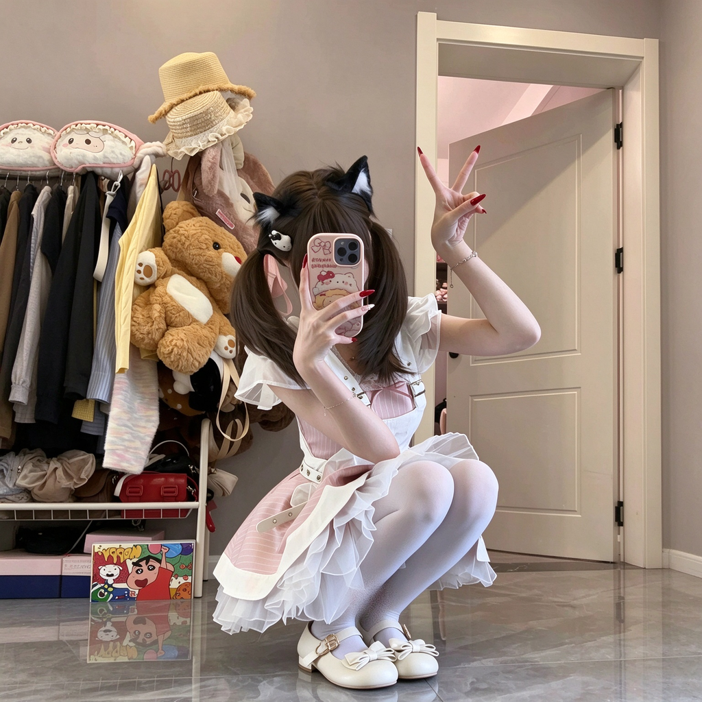 Sweet Maid Lolita Short Sleeve OP Dress Set with High-Waist Heart Buckle Belt and Fitted Waistband
