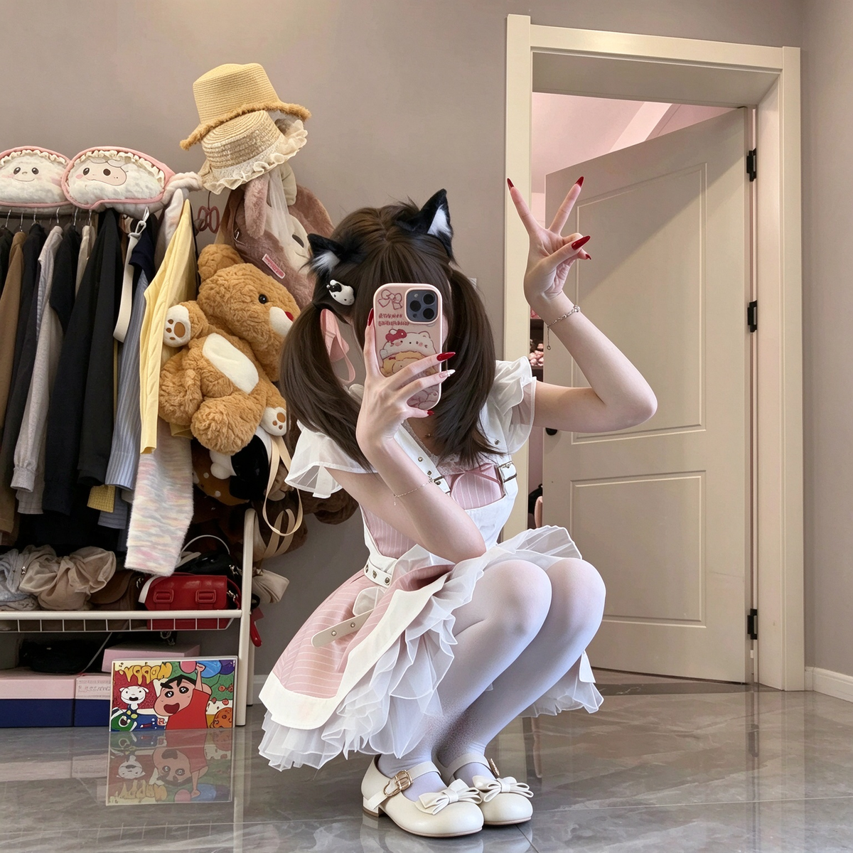 Sweet Maid Lolita Short Sleeve OP Dress Set with High-Waist Heart Buckle Belt and Fitted Waistband