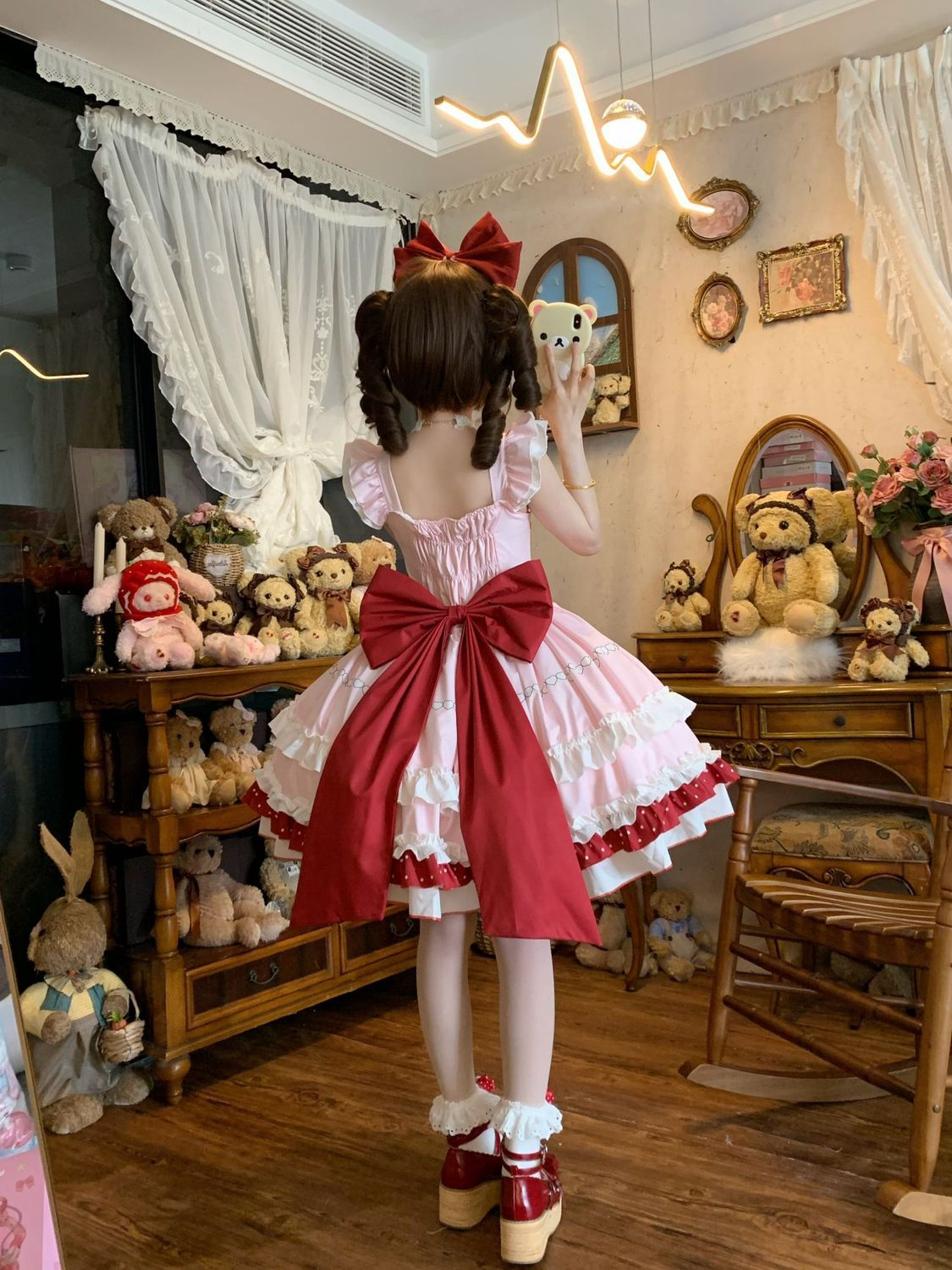 Strawberry Apron Ruffled Maid Lolita Dress with Bow Accent