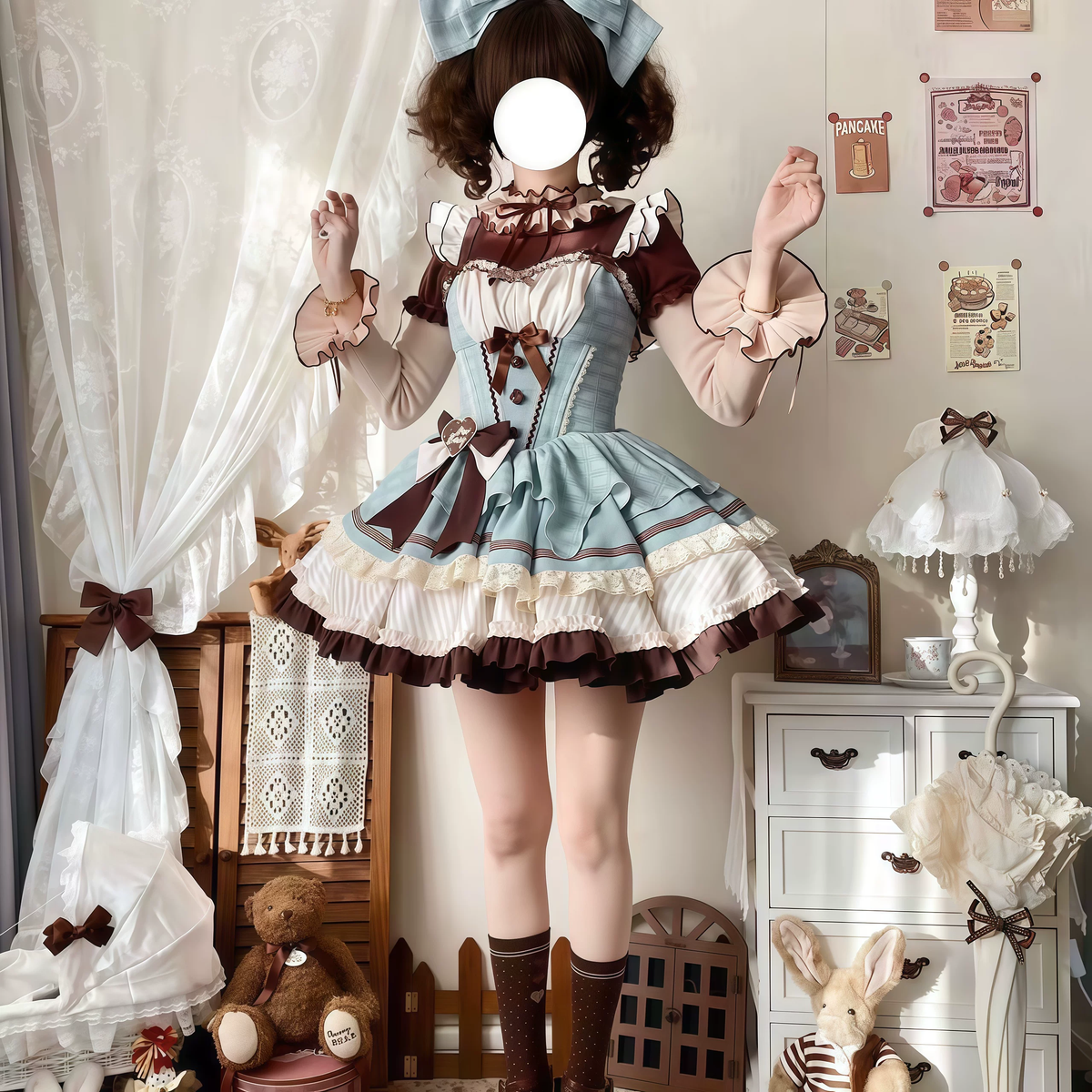 Sweet Lolita JSK Dress with Chocolate Grid Pattern and Heart Badge Waist Bow