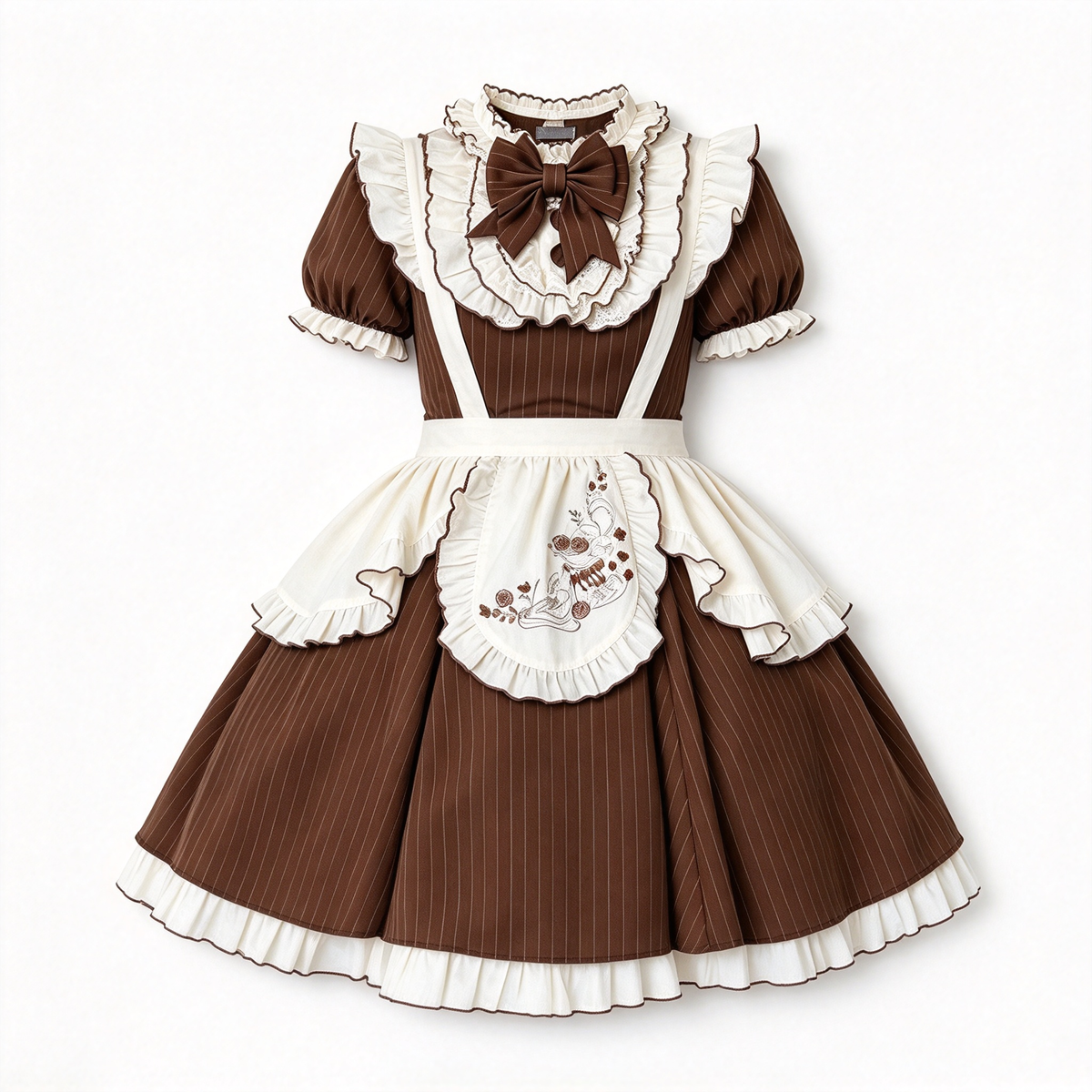 Sweet Maid Lolita Short Sleeve OP Dress Set with Embroidered Apron and Layered Ruffle Collar