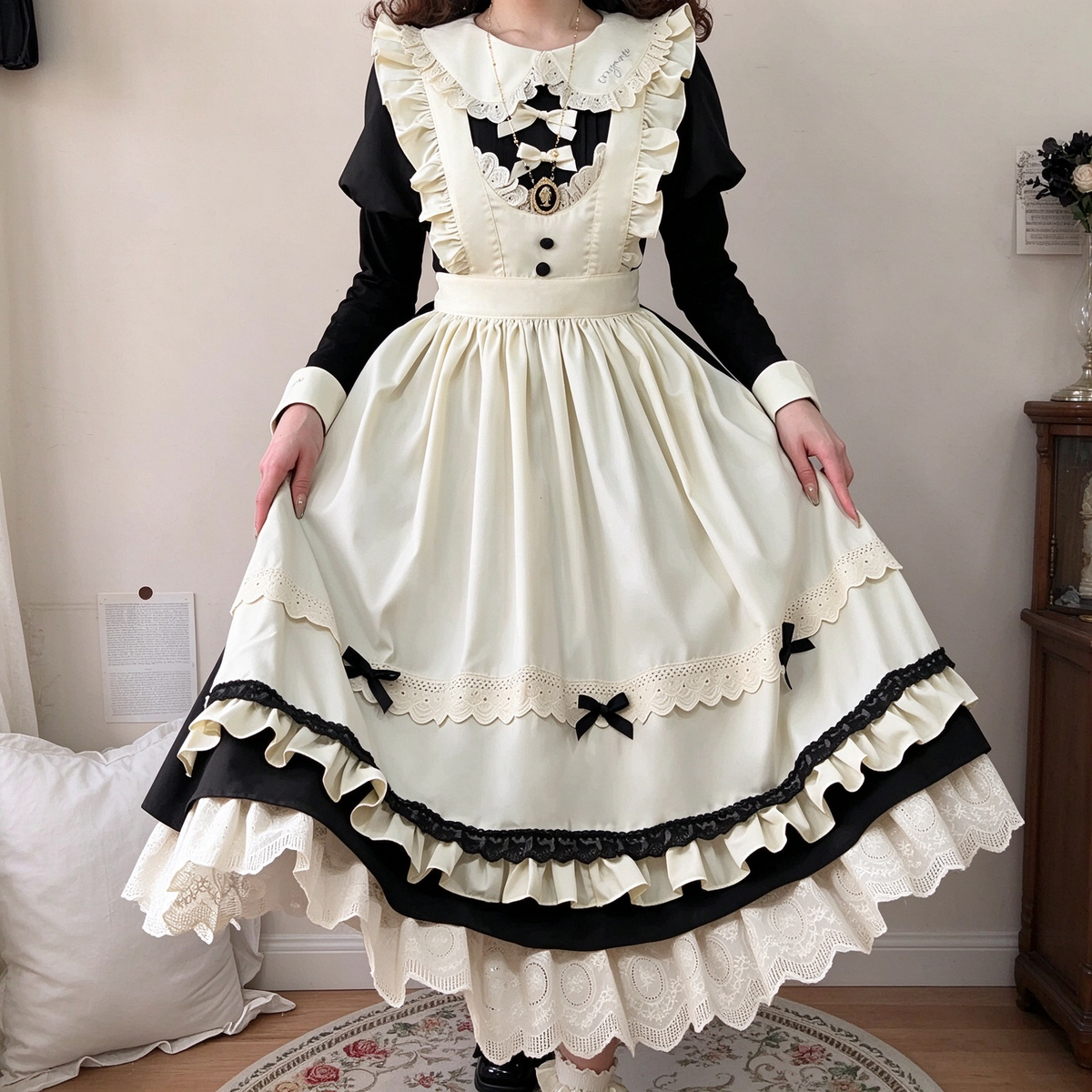 Sweet Maid Lolita Dress Set with Ruffled Apron Bodice and Tiered Lace Hem