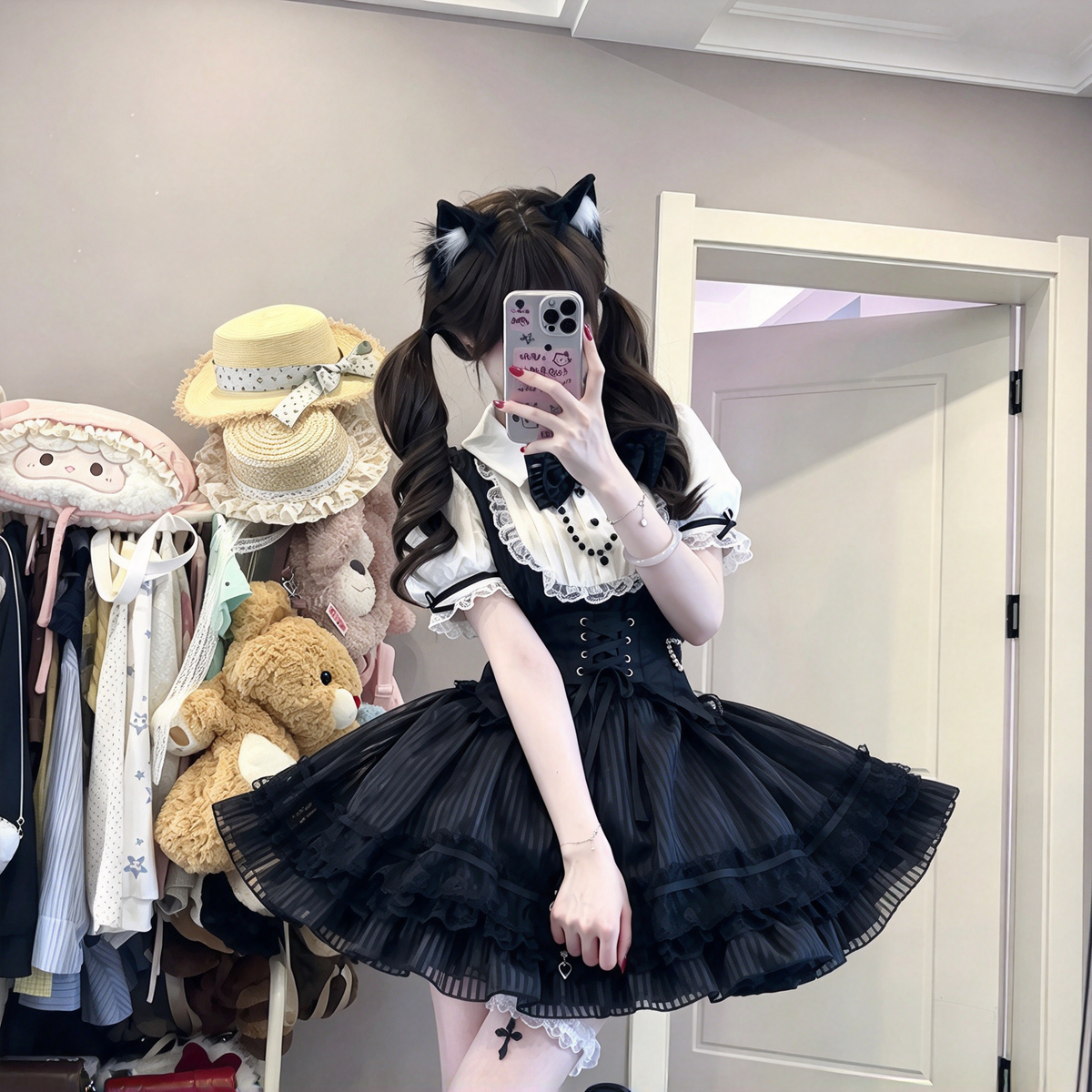 Gothic Lolita Short Sleeve OP Dress Set with Lace-Up Corset Waist and Heart Charm Streamers