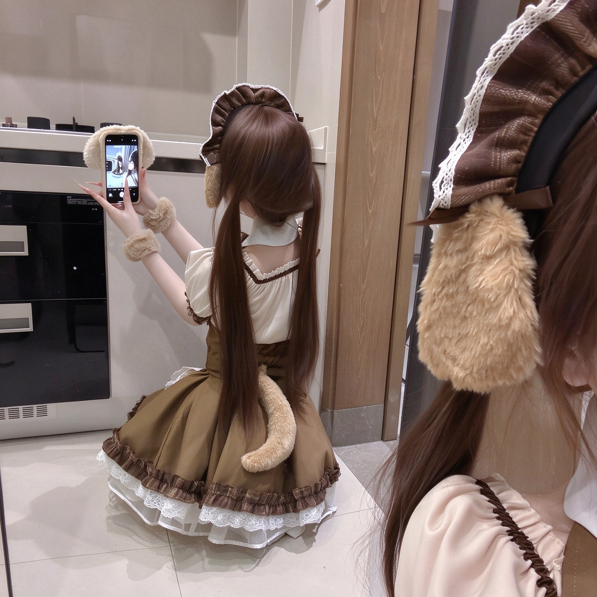 Classic Maid Lolita Short Sleeve OP Dress with Corset Lace-Up Waist and Mini Apron Accent