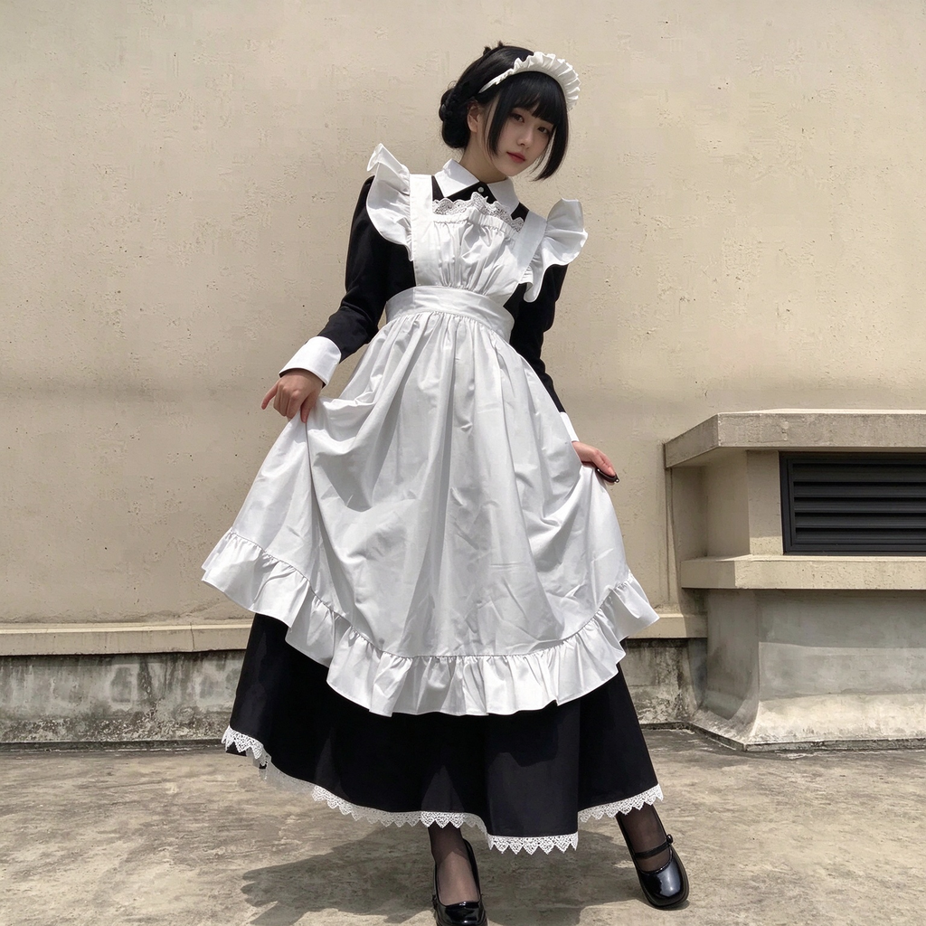 Classic Long Maid Lolita Dress Set with Pointed Collar and Ruffled Strap Apron