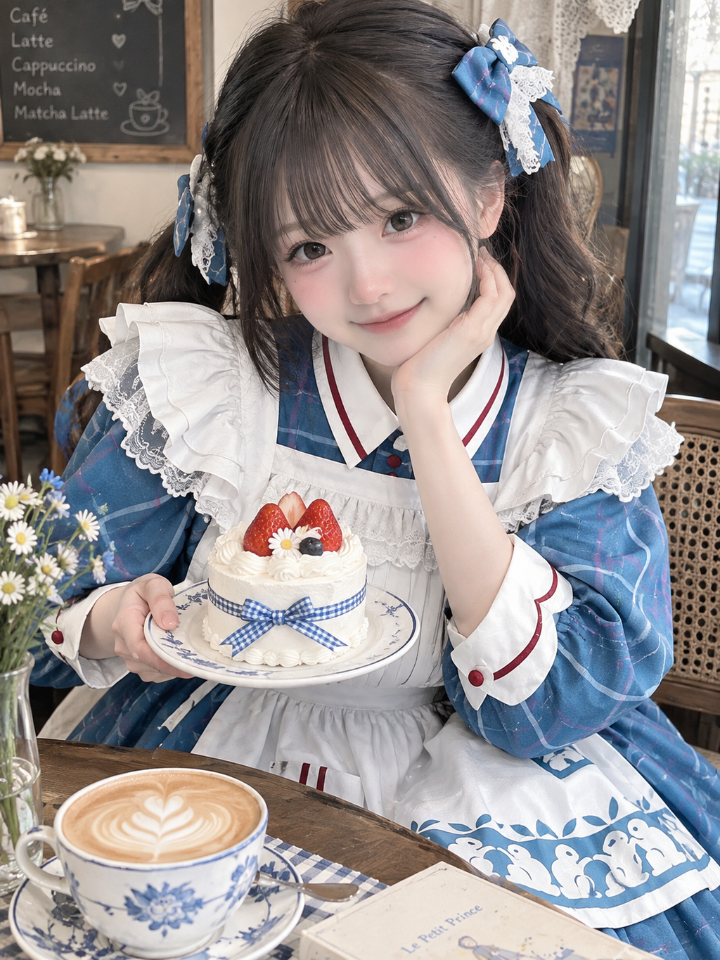 Blue Plaid Lolita Dress with White Apron Long Sleeve Sweet Outfit