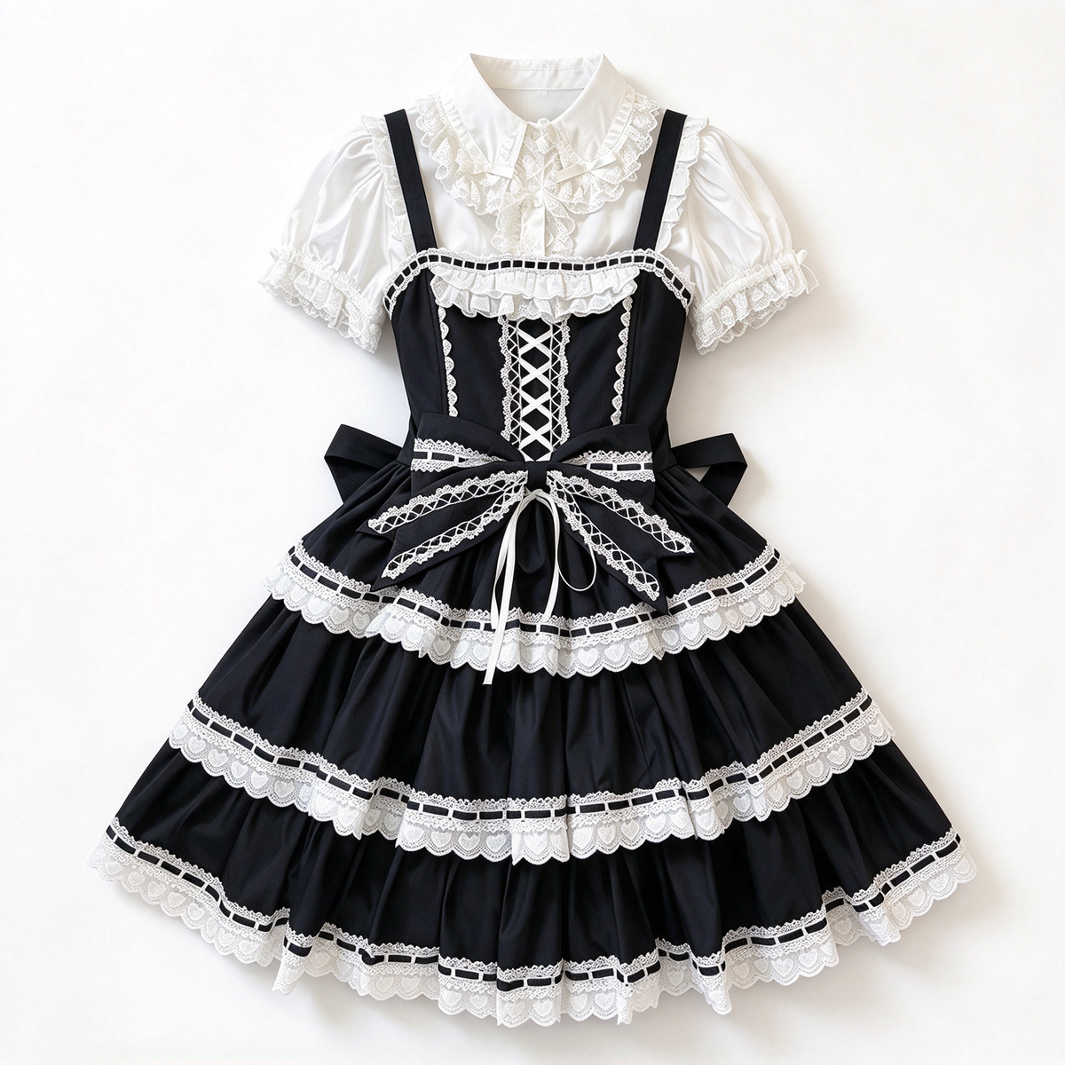 Sweet Maid Lolita Short Sleeve OP Dress with Corset Lace Up Front and Tiered Lace Hem