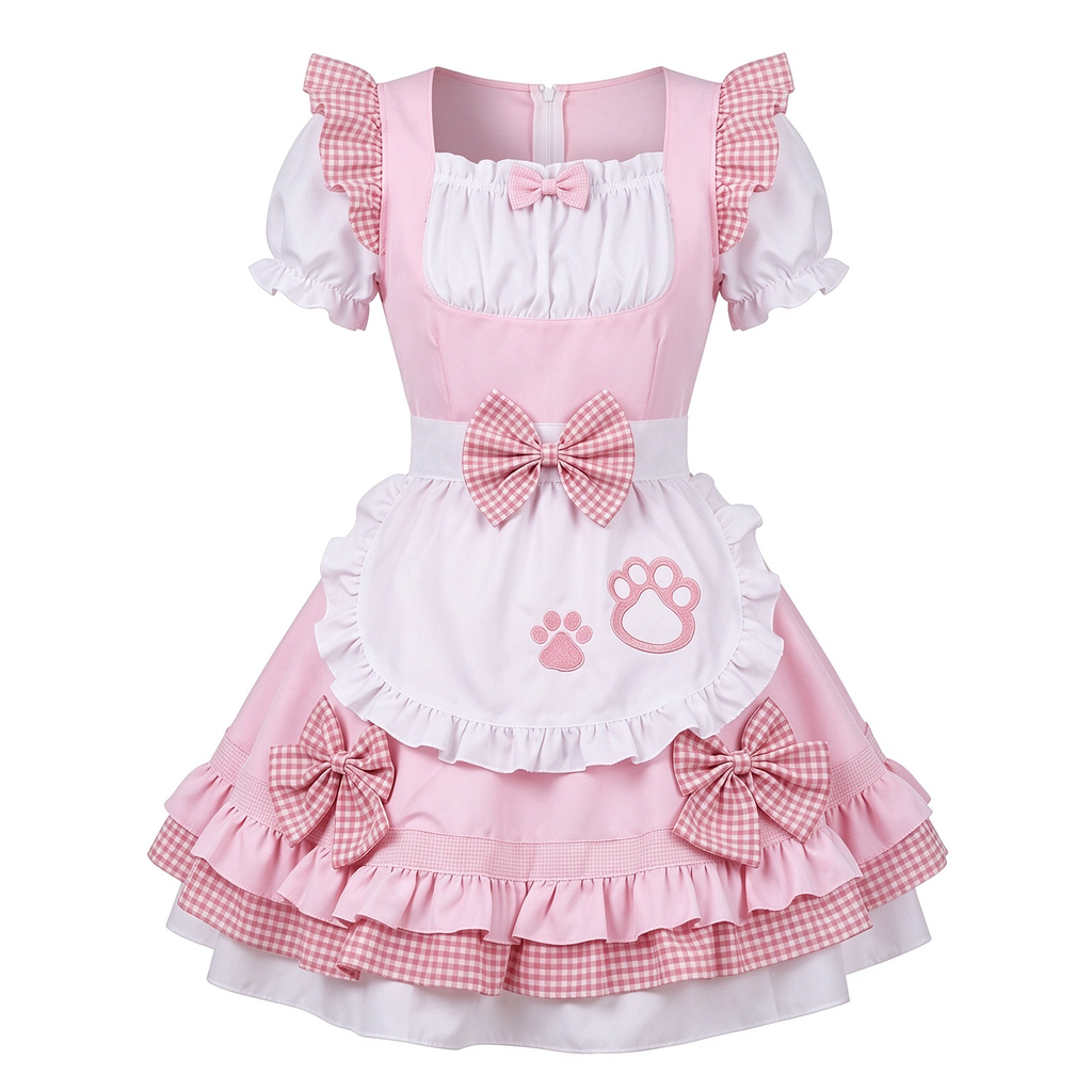 Sweet Maid Lolita Short Sleeve OP Dress Set with Cat Paw Patch Apron and Plaid Bow Accents