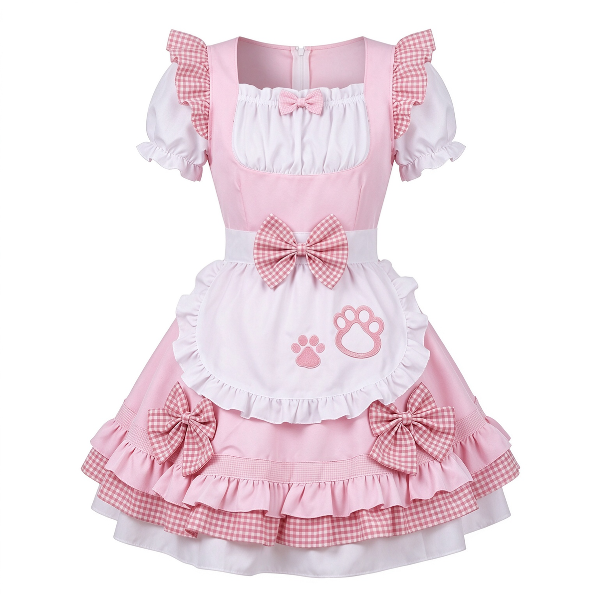Sweet Maid Lolita Short Sleeve OP Dress Set with Cat Paw Patch Apron and Plaid Bow Accents