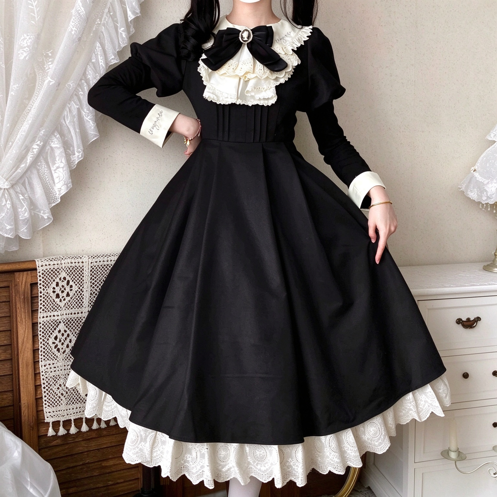 Sweet Maid Lolita Dress Set with Ruffled Apron Bodice and Tiered Lace Hem