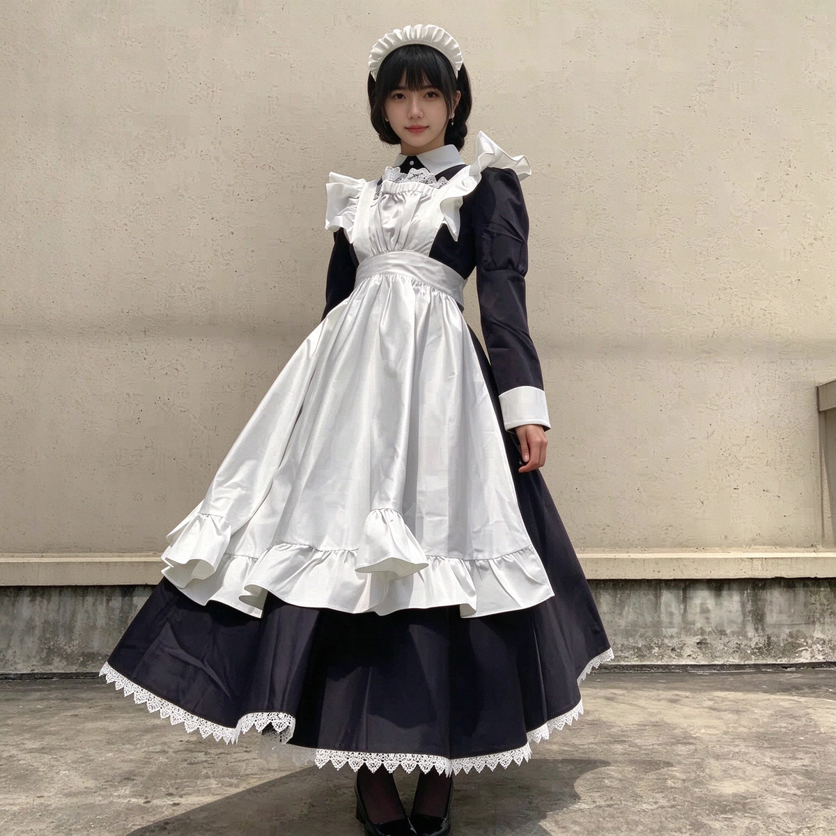 Classic Long Maid Lolita Dress Set with Pointed Collar and Ruffled Strap Apron