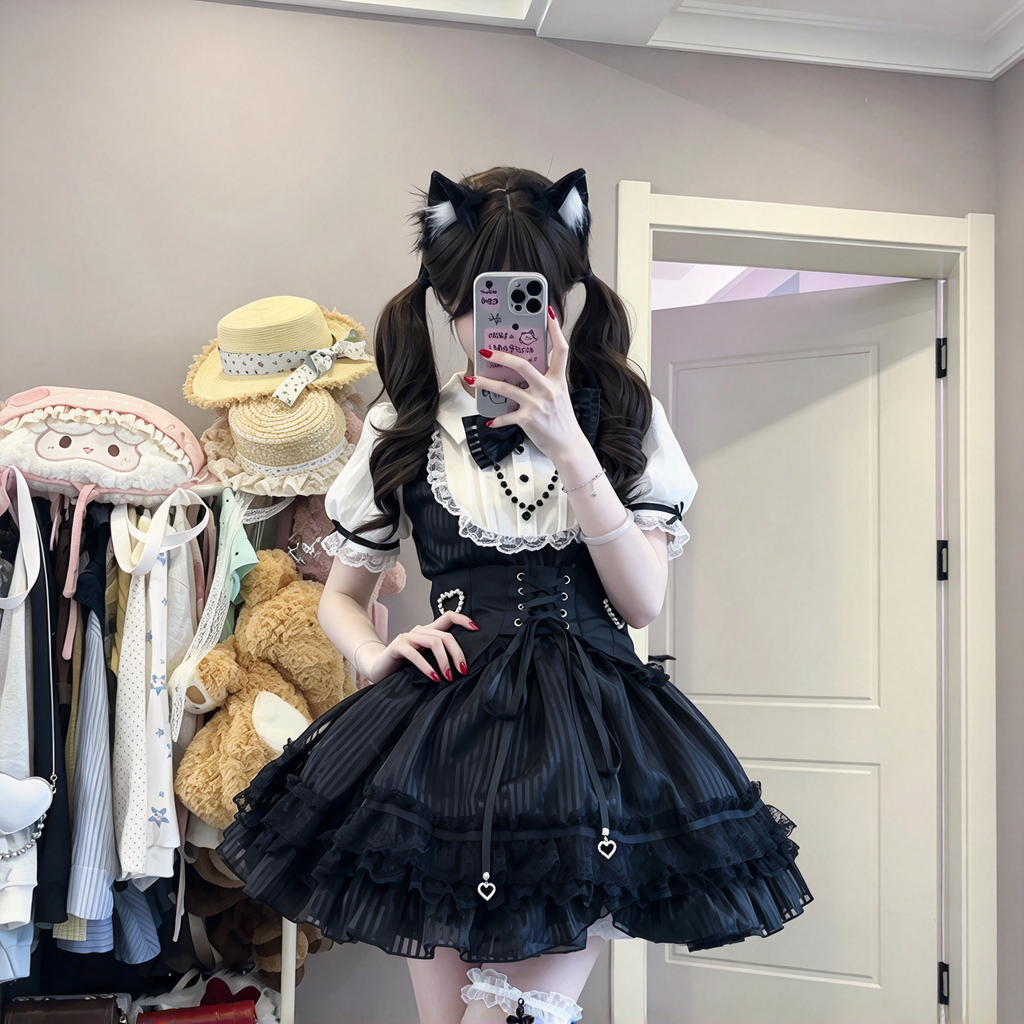 Gothic Lolita Short Sleeve OP Dress Set with Lace-Up Corset Waist and Heart Charm Streamers