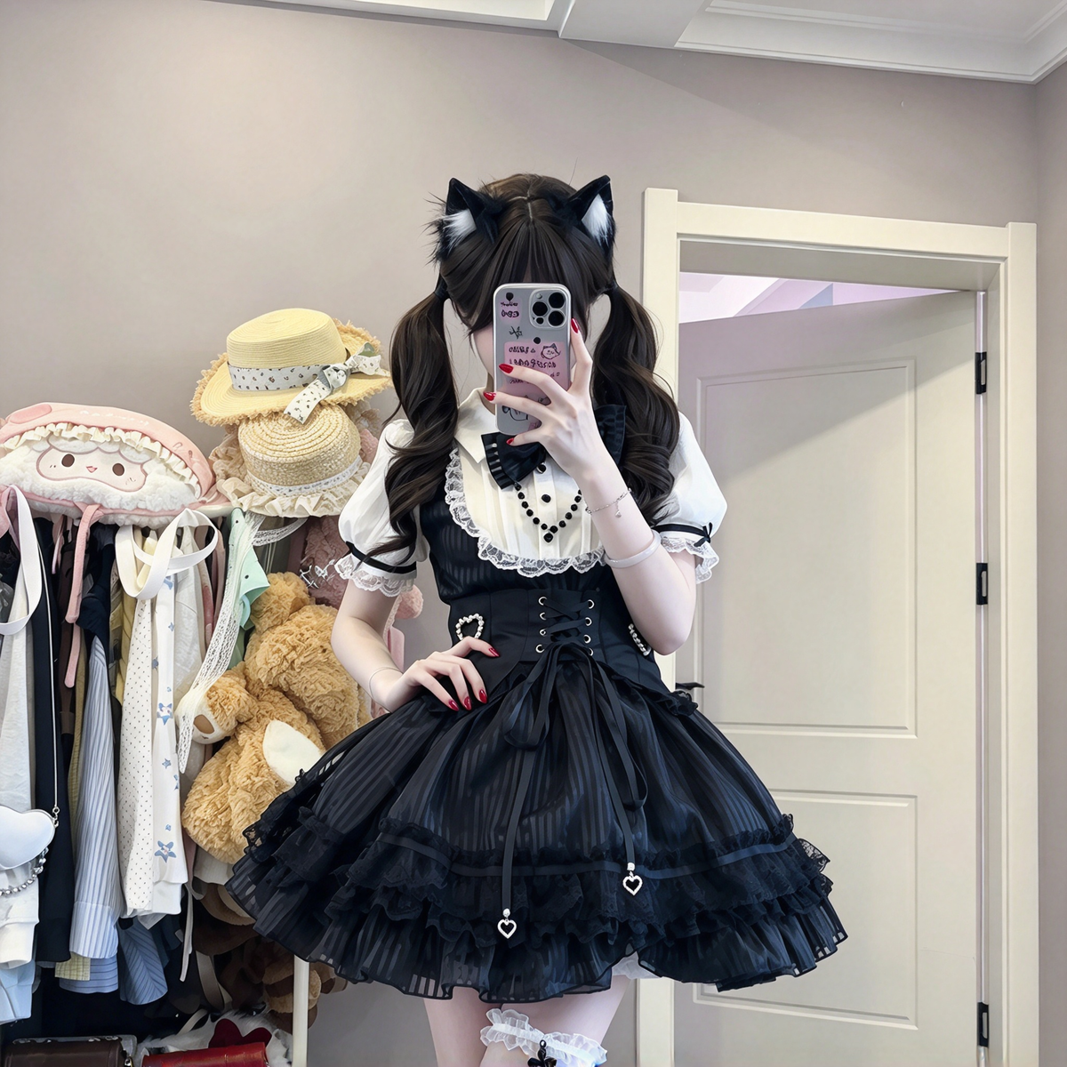Gothic Lolita Short Sleeve OP Dress Set with Lace-Up Corset Waist and Heart Charm Streamers