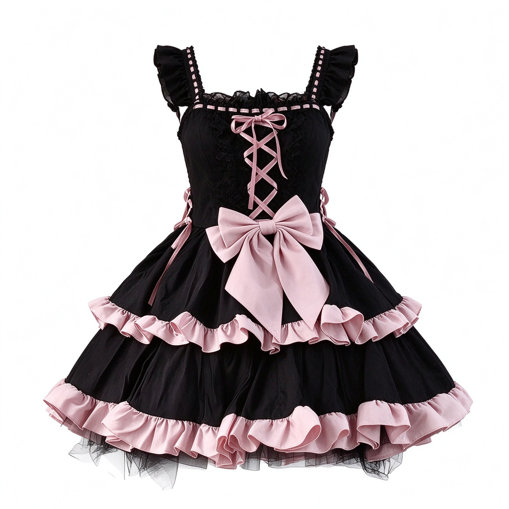 Black and Pink Ruffled Lace-Up Lolita Dress with Bow Accent