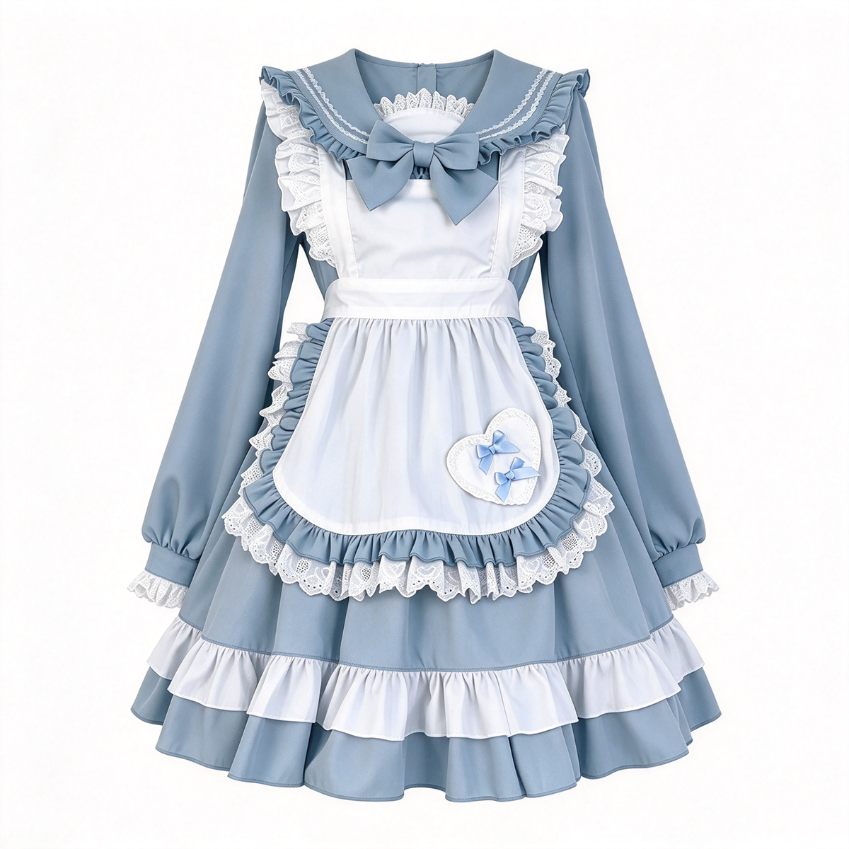 Sweet Maid Lolita Long Sleeve OP Dress with Detachable Ruffled Apron and Bow Accent