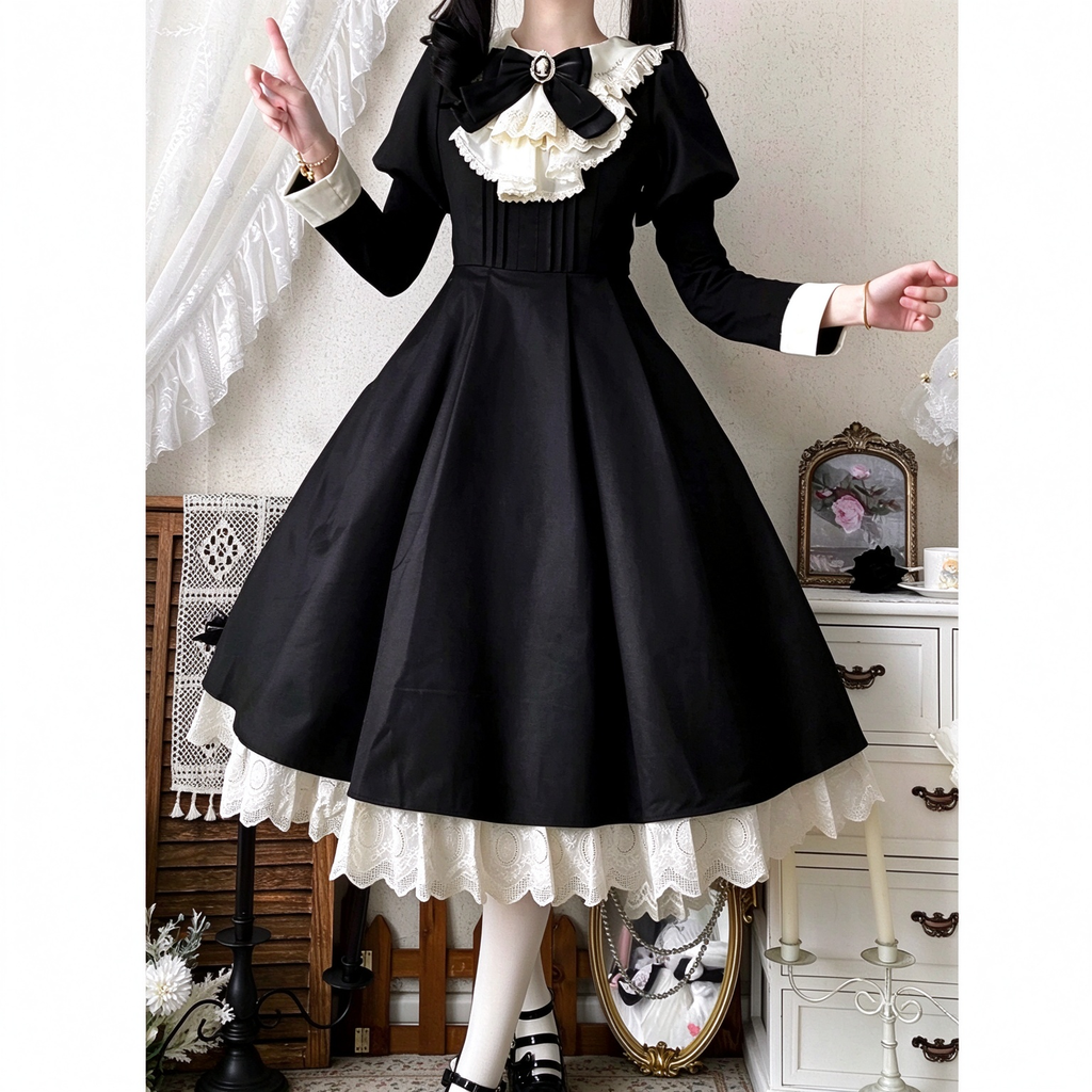 Sweet Maid Lolita Dress Set with Ruffled Apron Bodice and Tiered Lace Hem