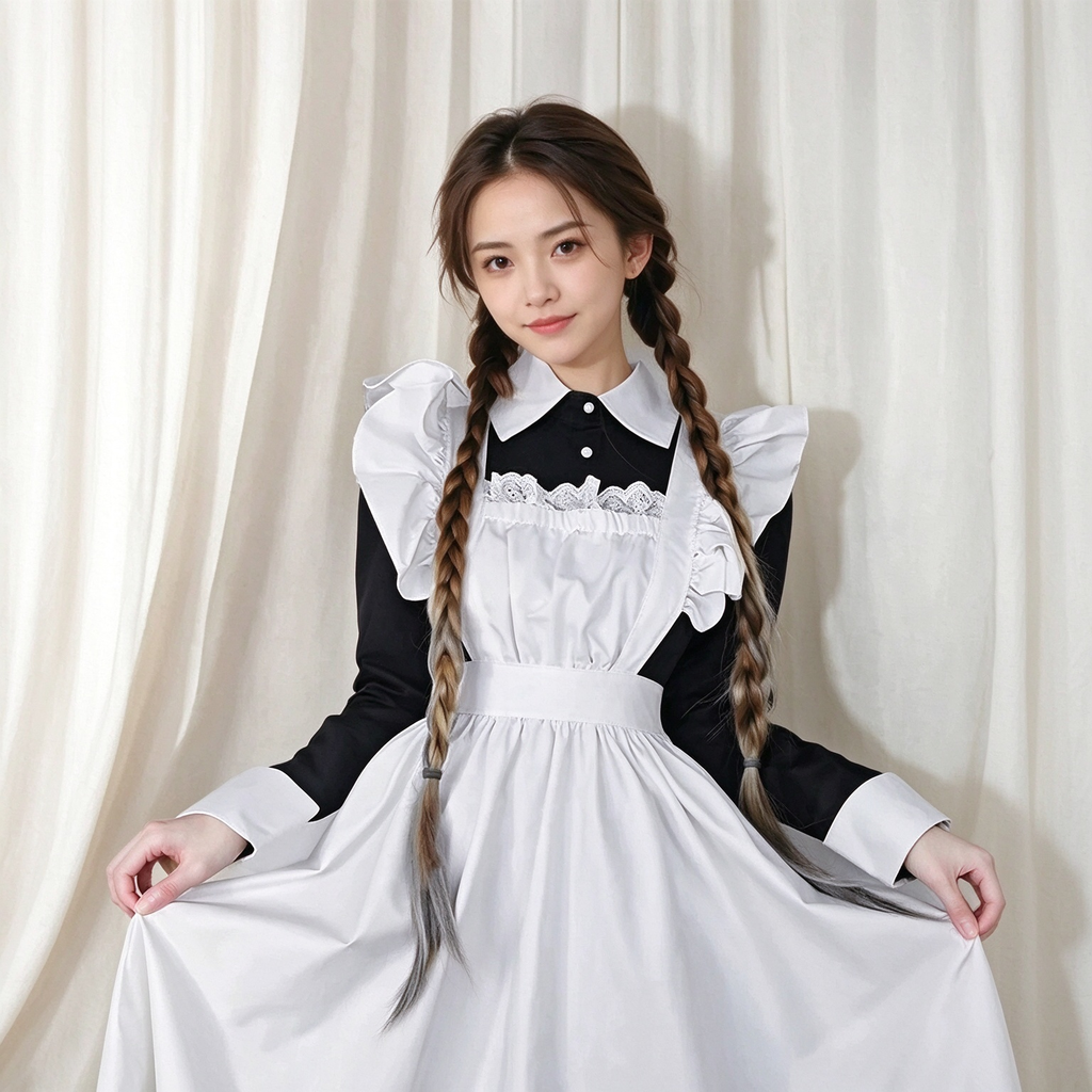 Classic Long Maid Lolita Dress Set with Pointed Collar and Ruffled Strap Apron