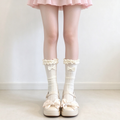 Beige and Black Mesh Patterned Ruffled Trim Bow Calf High Sweet Lolita Socks